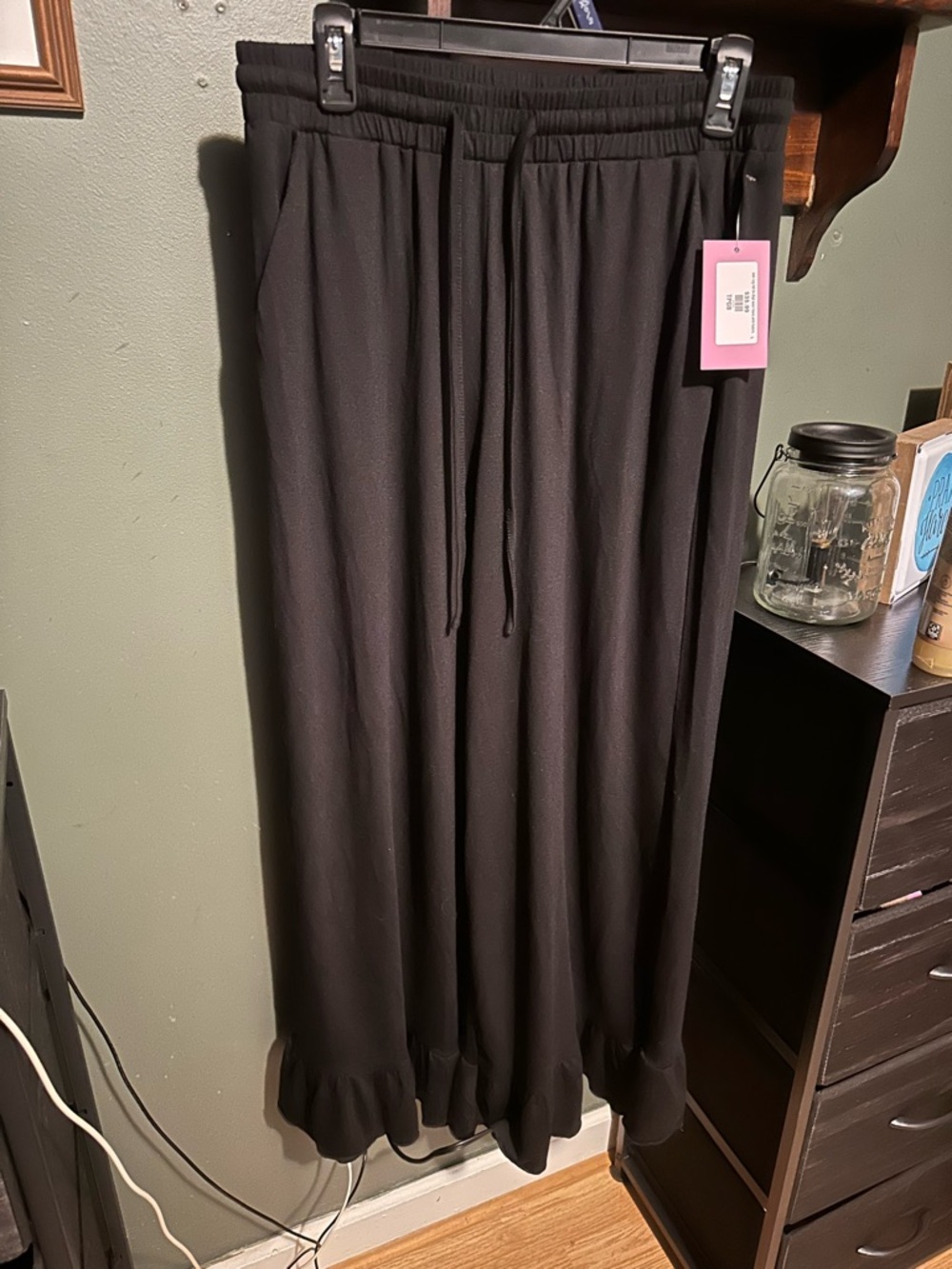 Black Ruffle-Hem Pull-On Pants